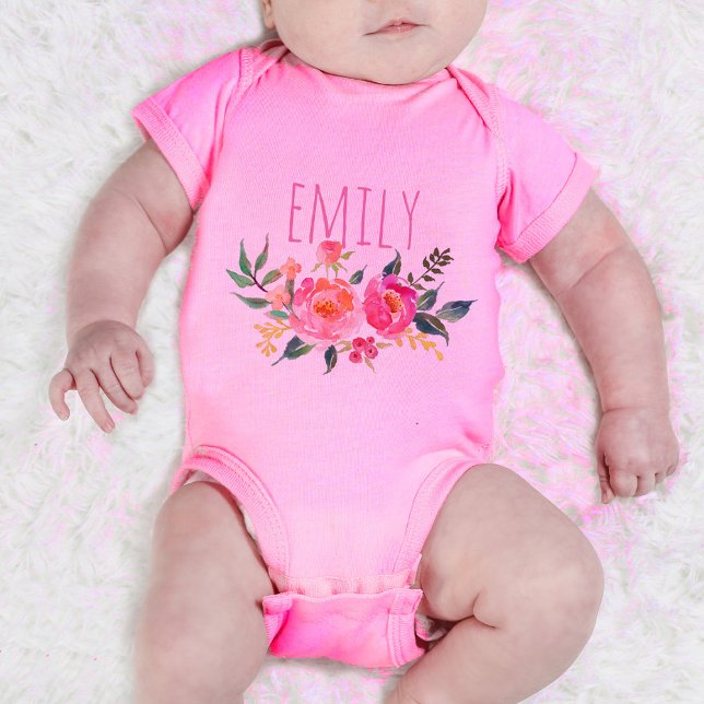 Personalized Baby Girl Pink Watercolor Floral Baby Bodysuit (Creator Uploaded)