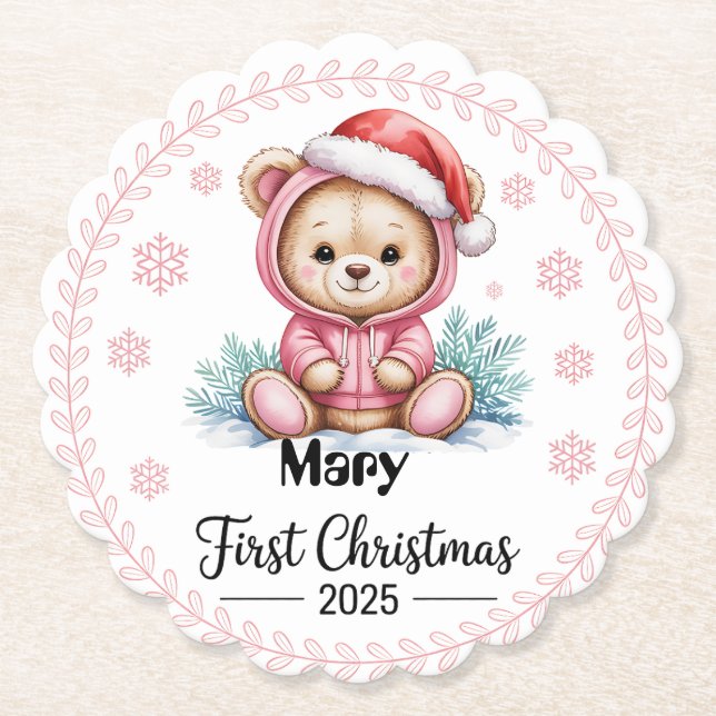 Personalized Baby Girl’s First Christmas Coaster  (Front)