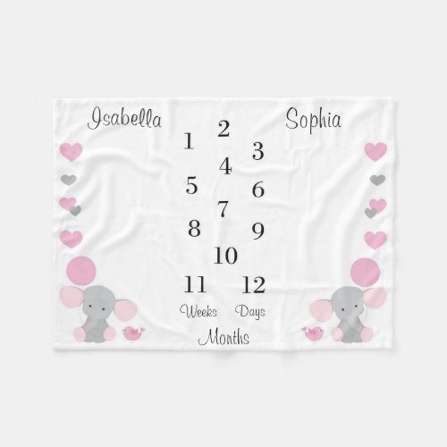 Personalized Baby Girl Twin Month Monthly Elephant Fleece Blanket