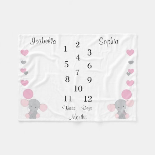 Personalized Baby Girl Twin Month Monthly Elephant Fleece Blanket