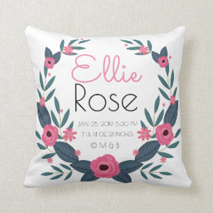 Personalized Baby Girl Wreath Birth Record Stats Throw Pillow