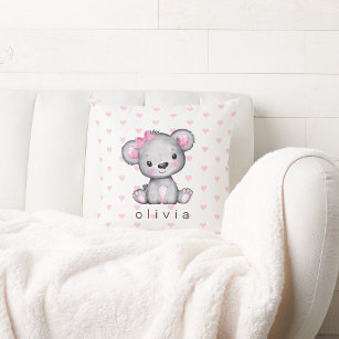 Personalized Baby Girl's Teddy Bear Pink Hearts Throw Pillow