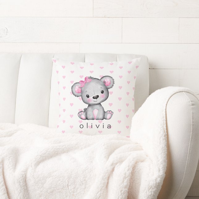 Personalized Baby Girl's Teddy Bear Pink Hearts Throw Pillow (Creator Uploaded)