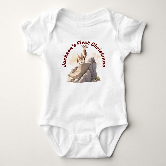 Personalized Baby Goat’s First Christmas, Woodland Baby Bodysuit (Front)