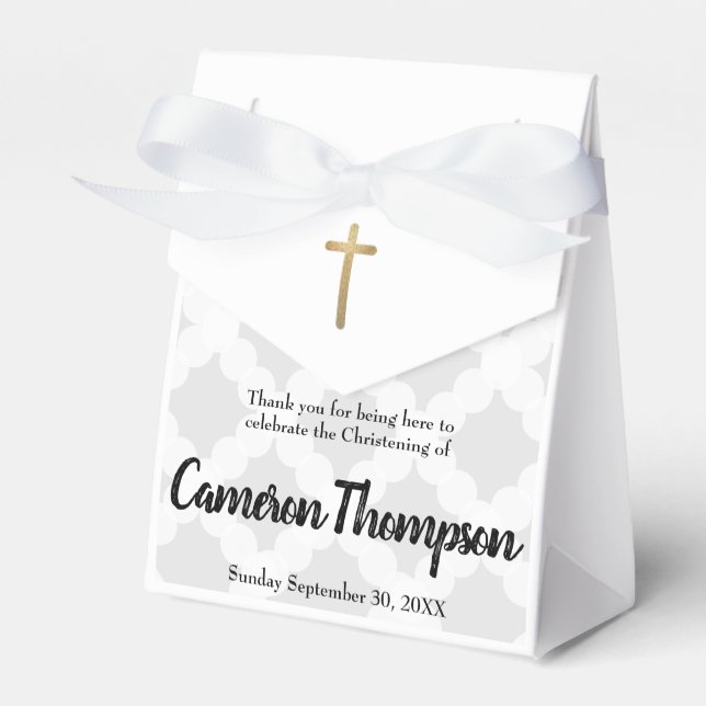 Personalized Baby Grey Gold Cross Christening Favor Boxes (Front Side)