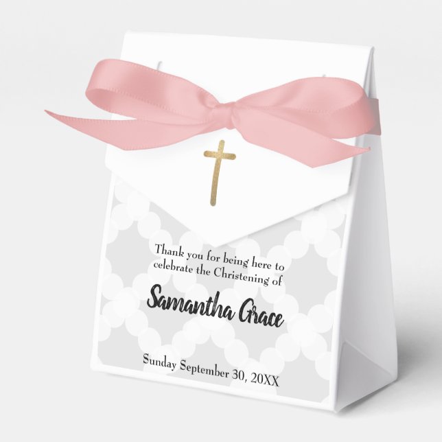 Personalized Baby Grey Pink Gold Cross Christening Favor Boxes (Front Side)