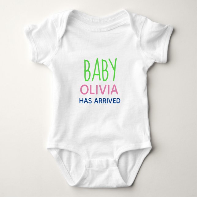 PERSONALIZED BABY HAS ARRIVED one-piece Baby Bodysuit (Front)