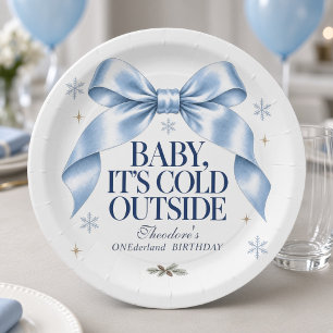 Personalized Baby It’s Cold Outside Blue Bow Paper Plates