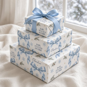 Personalized Baby It’s Cold Outside Blue Bow Wrapping Paper