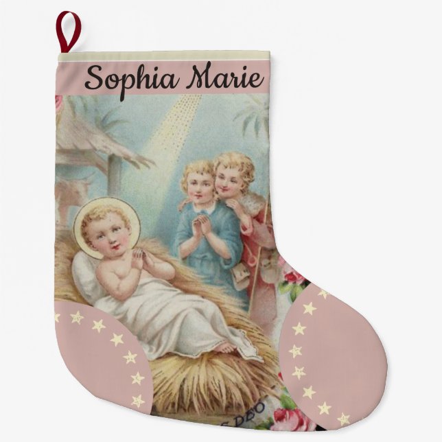 Personalized Baby Jesus in Manger Girls Large Christmas Stocking (Front)