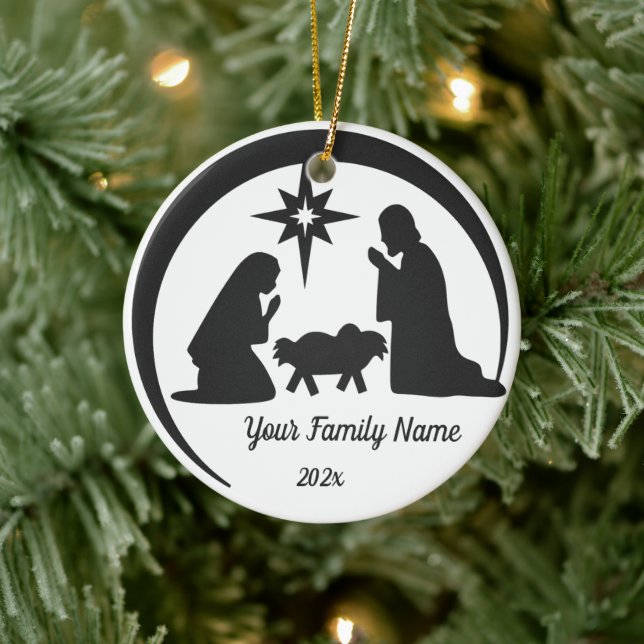 Personalized Baby Jesus Manger Christmas Holiday Ceramic Ornament (Tree)