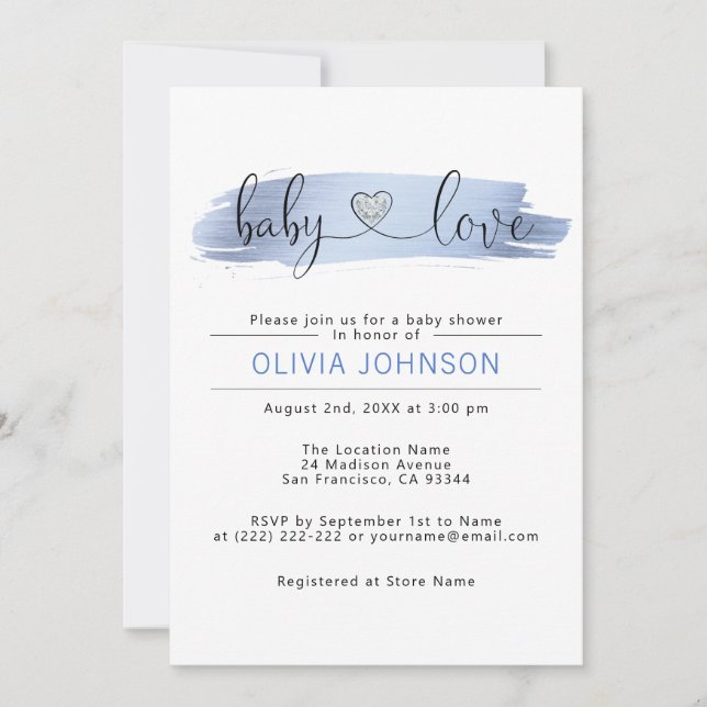 Personalized Baby Love Blue White BOY Baby Shower Invitation (Front)