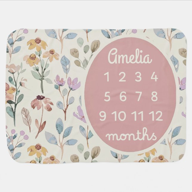 Personalized Baby Milestone Blanket Girl Floral  (Horizontal)