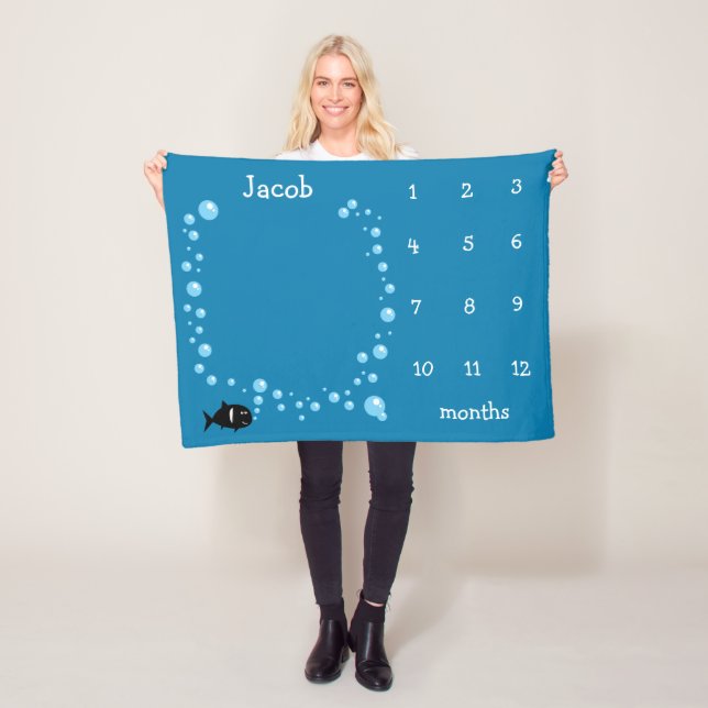 Personalized, Baby Milestone months Fish bubbles Fleece Blanket (In Situ)