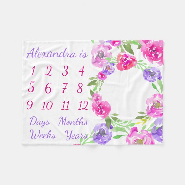 Personalized Baby Month Week Age Milestone Growth Fleece Blanket (Front (Horizontal))