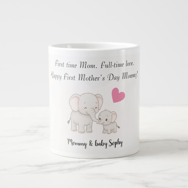 Personalized Baby & Mother Elephant with Heart -  Giant Coffee Mug (Front)