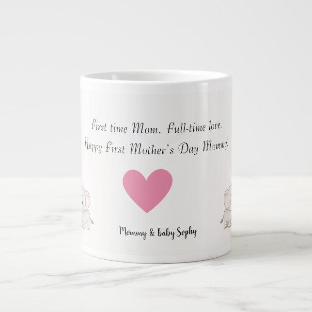 Personalized Baby & Mother Elephant with Heart -  Giant Coffee Mug (Front)