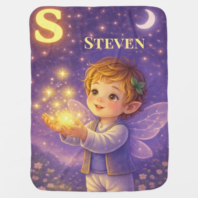 Personalized Baby Name Letter S Sparkle Fairy Gift Blanket (Front)