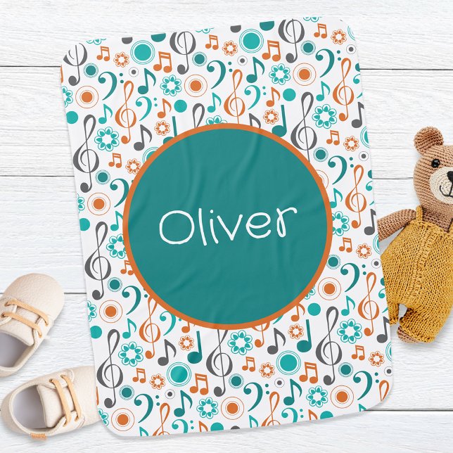 Personalized Baby Name Music Notes & Clefs Blanket (Custom name music notes baby blanket)