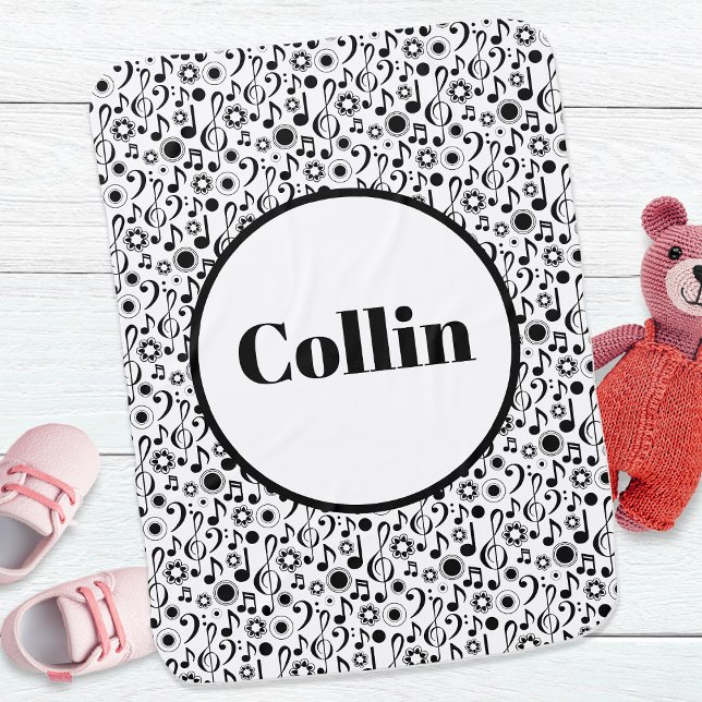 Personalized Baby Name Music Themed Notes & Clefs Baby Blanket (Musical notes and clefs customizable baby blanket. Baby gifts for musicians.)