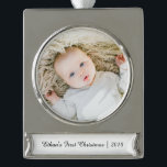 Personalized Baby Name Photo First Christmas Silver Plated Banner Ornament<br><div class="desc">Personalized Baby Name Photo First Christmas Silver Plated Banner Ornament

Can be fully customized to suit your needs.
© Gorjo Designs. Made for you via the Zazzle platform. 

// Need help customizing your design? Got other ideas? Feel free to contact me (Zoe) directly via the contact button below.</div>