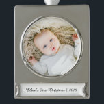 Personalized Baby Name Photo First Christmas Silver Plated Banner Ornament<br><div class="desc">Personalized Baby Name Photo First Christmas Silver Plated Banner Ornament

Can be fully customized to suit your needs.
© Gorjo Designs. Made for you via the Zazzle platform. 

// Need help customizing your design? Got other ideas? Feel free to contact me (Zoe) directly via the contact button below.</div>