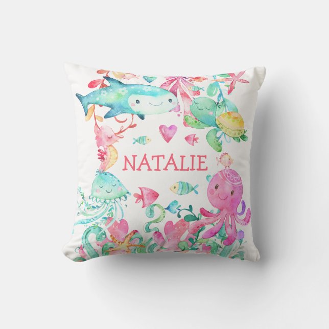 Personalized Baby Name Under the Sea Ocean Cute Throw Pillow (Front)