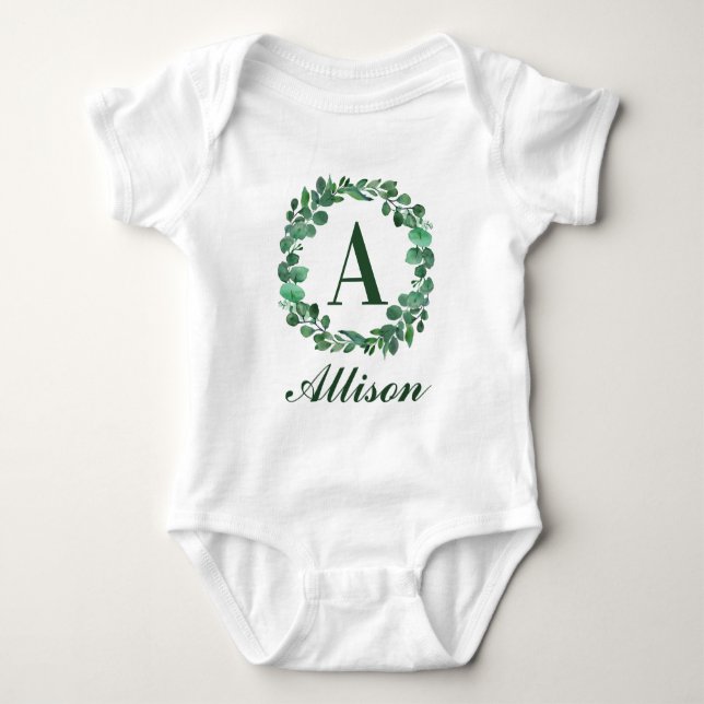 Personalized Baby Name With Eucalyptus Watercolor Baby Bodysuit (Front)
