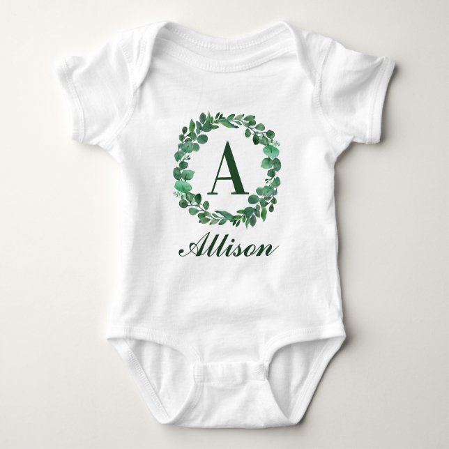 Personalized Baby Name With Eucalyptus Watercolor Bodysuit (Front)