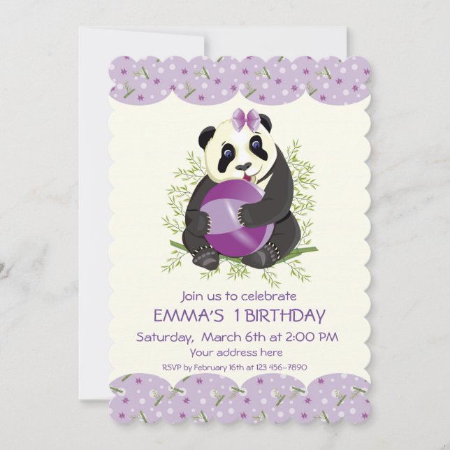 Personalized baby panda playing ball birthday invitation (Front)
