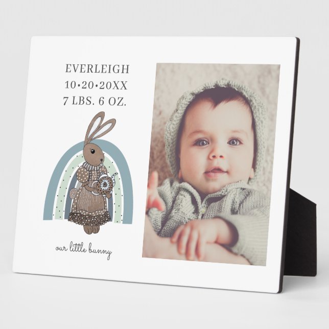 Personalized Baby Photo Bunny Rainbow Birth Stats Plaque (Side)