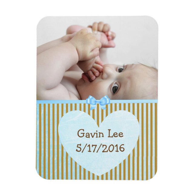 Personalized Baby Photo Magnet Brown & Blue Stripe (Vertical)