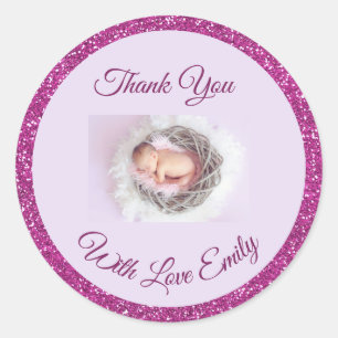 Personalized Baby Photo Pink Glitter Thank You Classic Round Sticker