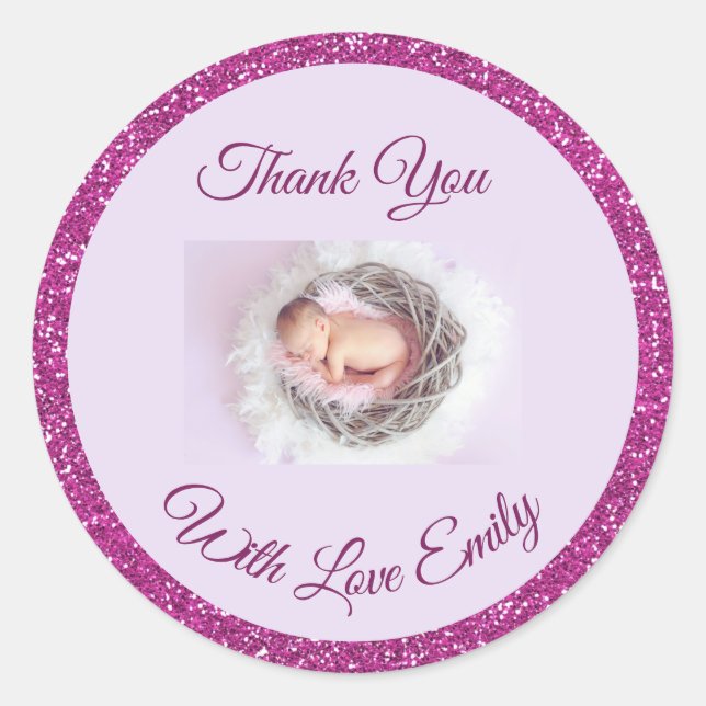 Personalized Baby Photo Pink Glitter Thank You Classic Round Sticker (Front)