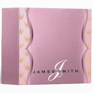 Personalized Baby Pink and Gold Princess Crown 3 Ring Binder