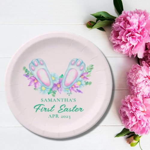 Personalized Baby Pink Bunny Feet My First Easter Paper Plates