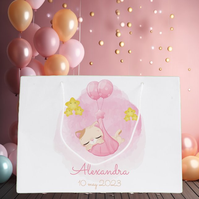 Personalized Baby Pink Cat Custom Name and Date Large Gift Bag (Creator Uploaded)