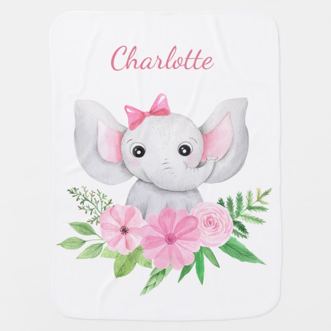 Personalized Baby Pink Elephant Gift for Baby Girl Baby Blanket (Front)