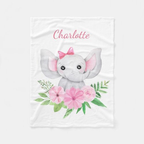 Personalized Baby Pink Elephant Gift for Baby Girl Fleece Blanket