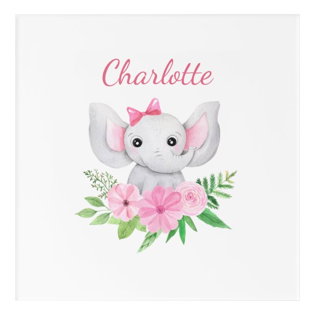 Personalized Baby Pink Elephant Nursery Acrylic Print (Front)