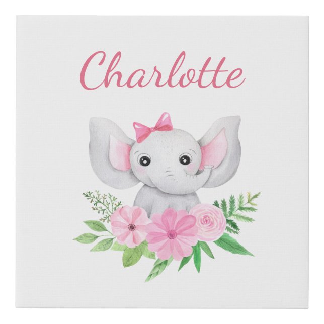 Personalized Baby Pink Elephant Nursery Wall Art (Front)