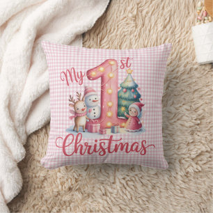 Personalized Baby Pink Gingham My First Christmas Throw Pillow
