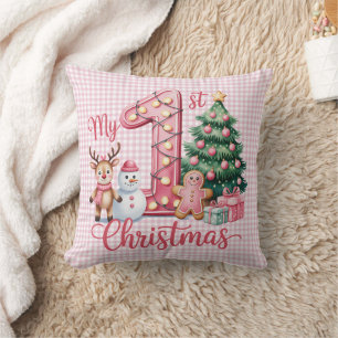 Personalized Baby Pink Gingham My First Christmas Throw Pillow