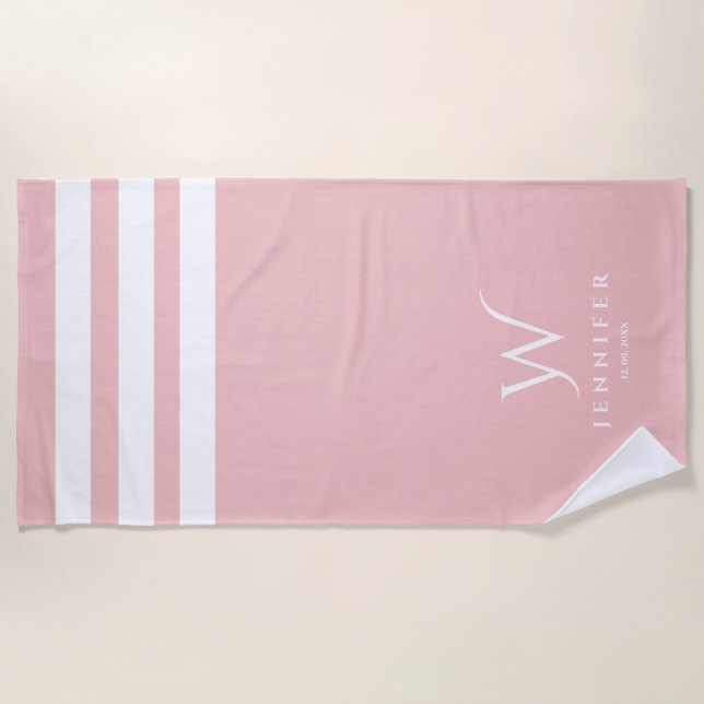 Personalized baby pink stripes Beach Towel (Front)