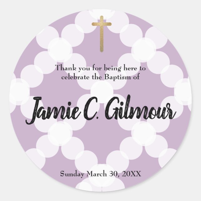 Personalized baby purple theme baptism thank you classic round sticker (Front)
