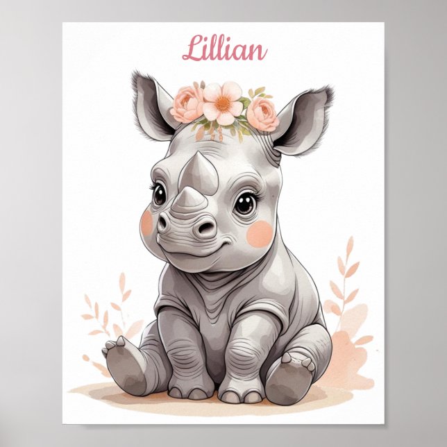 Personalized Baby Rhino Elegant Safari Nursery Poster (Front)