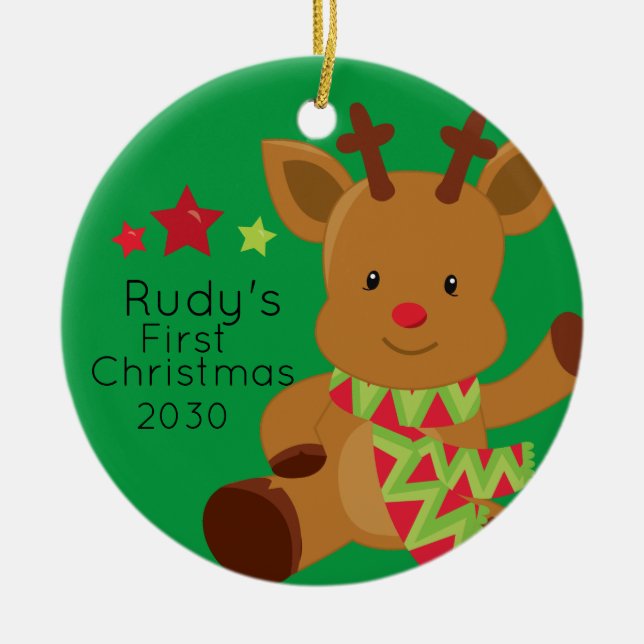 Personalized Baby Rudolph Reindeer 1st Christmas Ceramic Ornament (Front)
