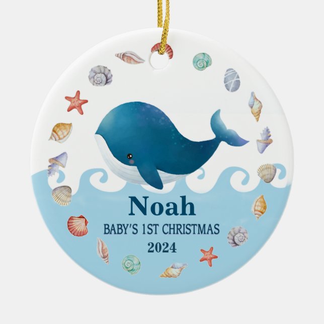 Personalized Baby’s 1st Christmas Whale with Photo Ceramic Ornament (Front)