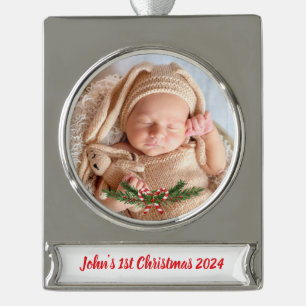 Personalized Baby’s 1st Christmas with photo Silver Plated Banner Ornament