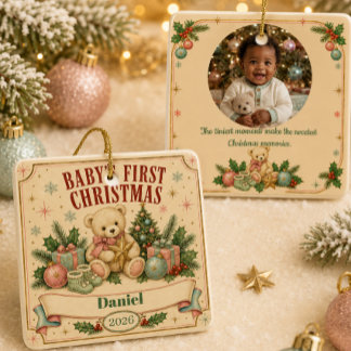 Personalized Baby’s First Christmas 2026 Retro Ceramic Ornament
